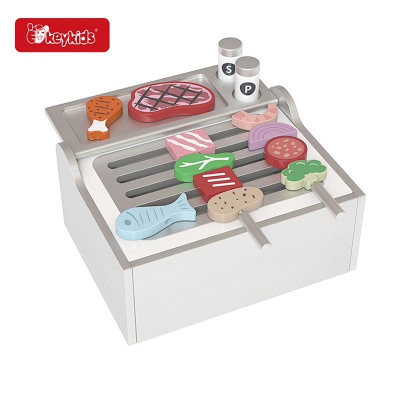Realistic Role-Play Kids Wooden Toy Grill BBQ Set with Food and Accessories W10L029