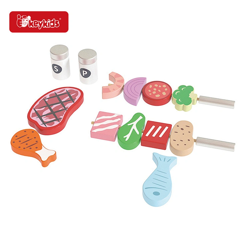 Realistic Role-Play Kids Wooden Toy Grill BBQ Set with Food and Accessories W10L029