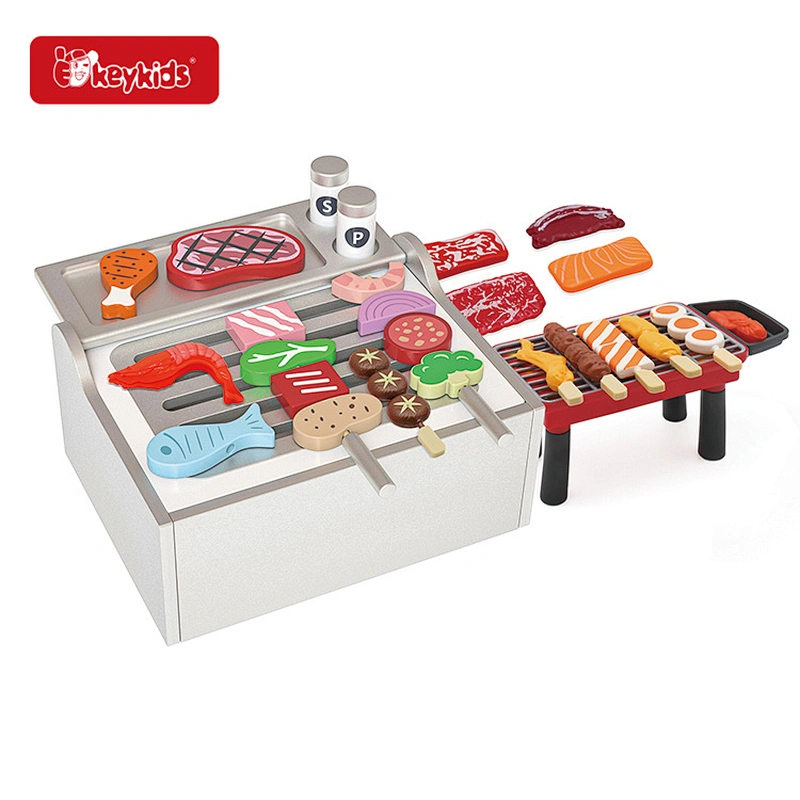 Realistic Role-Play Kids Wooden Toy Grill BBQ Set with Food and Accessories W10L029